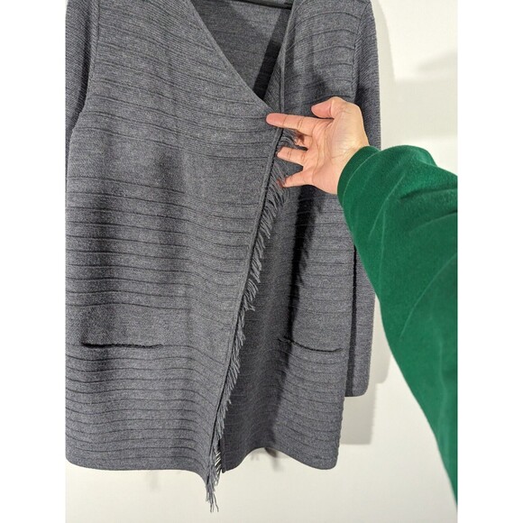 Talbots Grey Merino Wool Fringe Open Front Cardigan Women Size L - Picture 4 of 5
